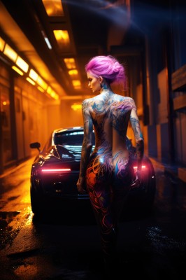 1girl,solo,short hair,jewelry,standing,pink hair,purple hair,ass,nude,earrings,looking back,from behind,tattoo,makeup,night,back,ground vehicle,motor vehicle,city,car,road,back tattoo,sports car,full-body tattoo,looking at viewer,lips,piercing,lipstick,ear piercing,asymmetrical hair,nose,very short hair,undercut,street,cyberpunk,neon lights