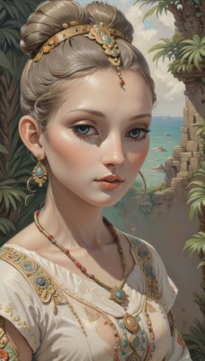 1girl,solo,breasts,looking at viewer,blue eyes,blonde hair,brown hair,shirt,hair ornament,dress,jewelry,collarbone,white shirt,upper body,short sleeves,earrings,small breasts,outdoors,parted lips,sky,day,cloud,water,necklace,hair bun,white dress,tree,blue sky,lips,grey eyes,eyelashes,makeup,ocean,beach,single hair bun,plant,gem,armlet,freckles,gold trim,realistic,nose,palm tree,red lips,watercraft,hair pulled back,castle,mascara,long hair,blush,leaf,tiara