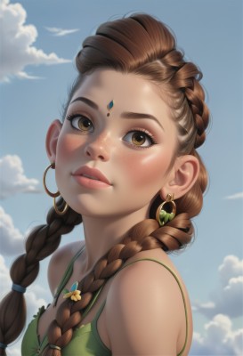 1girl,solo,long hair,breasts,looking at viewer,blush,brown hair,dress,bare shoulders,brown eyes,jewelry,upper body,braid,earrings,small breasts,outdoors,parted lips,sky,teeth,day,artist name,cloud,necklace,twin braids,blue sky,lips,eyelashes,watermark,facial mark,cloudy sky,gem,hair over shoulder,web address,forehead,freckles,green dress,hoop earrings,realistic,nose,spaghetti strap,mascara,bangs,hair ornament,cleavage,flower,sleeveless,hair flower,camisole,forehead jewel