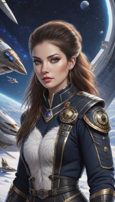 1girl,solo,long hair,breasts,looking at viewer,brown hair,brown eyes,jewelry,upper body,earrings,sky,belt,artist name,armor,lips,makeup,lipstick,star (sky),eyeshadow,freckles,science fiction,realistic,aircraft,nose,red lips,eyeliner,space,planet,mechanical wings,earth (planet),spacecraft,medium breasts,moon,forehead,starry sky,hoop earrings,alien