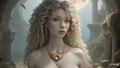 1girl,solo,long hair,breasts,looking at viewer,blue eyes,blonde hair,bare shoulders,jewelry,medium breasts,collarbone,upper body,nude,earrings,outdoors,parted lips,sky,necklace,lips,eyelashes,night,wavy hair,moon,feathers,night sky,full moon,pendant,freckles,curly hair,realistic,nose,fantasy,ruins,pillar,statue,column,cleavage,bird,looking away,portrait