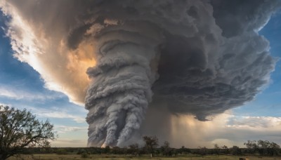 outdoors,sky,day,cloud,tree,blue sky,no humans,cloudy sky,grass,fire,nature,scenery,forest,smoke,monster,landscape