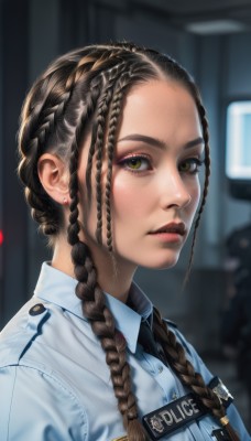 1girl,solo,long hair,looking at viewer,brown hair,shirt,black hair,brown eyes,jewelry,closed mouth,green eyes,yellow eyes,upper body,braid,earrings,necktie,collared shirt,artist name,blurry,uniform,twin braids,lips,makeup,blurry background,blue shirt,lipstick,black necktie,forehead,freckles,pocket,realistic,nose,red lips,stud earrings,police,police uniform,policewoman,multiple braids,white shirt,parted lips,signature,from side,eyelashes,buttons,depth of field,watermark,clothes writing,eyeshadow,name tag,eyeliner,mascara