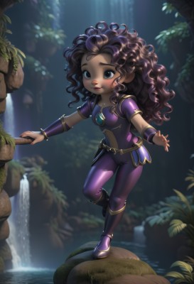 1girl,solo,long hair,breasts,smile,brown hair,black hair,brown eyes,jewelry,standing,full body,small breasts,boots,outdoors,shiny,belt,dark skin,water,necklace,armor,blurry,black eyes,dark-skinned female,tree,lips,bodysuit,blurry background,standing on one leg,plant,shoulder armor,gem,nature,forest,curly hair,breastplate,rock,red lips,bracer,waterfall,purple bodysuit,blush,blue eyes,weapon,leaf,wavy hair,skin tight