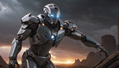 solo,blue eyes,1boy,outdoors,sky,cloud,no humans,glowing,cloudy sky,robot,mecha,glowing eyes,science fiction,sunset,mountain,sun,power armor,sunrise,humanoid robot,male focus,armor