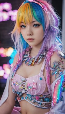 1girl,solo,long hair,breasts,looking at viewer,bangs,blue eyes,blonde hair,navel,cleavage,jewelry,medium breasts,sitting,closed mouth,underwear,blue hair,upper body,pink hair,multicolored hair,hairband,small breasts,midriff,necklace,stomach,bra,blurry,two-tone hair,lips,eyelashes,aqua hair,gradient hair,makeup,depth of field,blurry background,gem,eyeshadow,pink lips,realistic,pink bra,nose,bokeh,rainbow hair,bare shoulders,jacket,crop top,watermark,expressionless,freckles