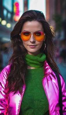 1girl,solo,long hair,looking at viewer,smile,brown hair,black hair,jewelry,closed mouth,green eyes,jacket,upper body,earrings,open clothes,bag,scarf,blurry,sweater,open jacket,lips,makeup,depth of field,blurry background,turtleneck,sunglasses,lipstick,forehead,ribbed sweater,hoop earrings,turtleneck sweater,realistic,nose,green shirt,pink jacket,tinted eyewear,green scarf,green sweater,aviator sunglasses,hair ornament,outdoors,dark skin,dark-skinned female,eyeshadow,zipper,orange-tinted eyewear