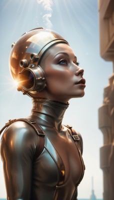 1girl,solo,breasts,blue eyes,cleavage,upper body,small breasts,parted lips,sky,day,shiny,signature,lips,bodysuit,headphones,sunlight,helmet,skin tight,lens flare,smoke,science fiction,shiny clothes,realistic,nose,sun,latex,blonde hair,outdoors,from side,shiny skin,eyelashes,profile,makeup,looking up,light rays