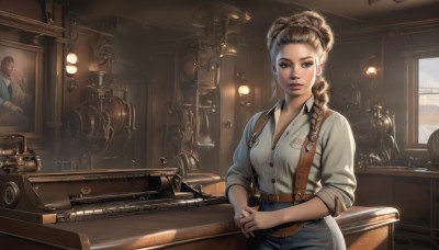 1girl,long hair,breasts,looking at viewer,smile,blue eyes,multiple girls,blonde hair,brown hair,shirt,long sleeves,1boy,2girls,brown eyes,jewelry,medium breasts,sitting,standing,white shirt,weapon,braid,earrings,parted lips,solo focus,day,collared shirt,belt,pants,indoors,lips,gun,window,dress shirt,single braid,buttons,chair,table,sunlight,suspenders,own hands together,denim,robot,hair over shoulder,rifle,sleeves rolled up,pocket,pouch,jeans,realistic,nose,red lips,brown belt,lamp,overalls,breast pocket,solo,upper body,cowboy shot,hairband,artist name,signature,mole,makeup,watermark,blue shirt,web address,buckle,freckles,blue pants,hair pulled back,wrench,steampunk