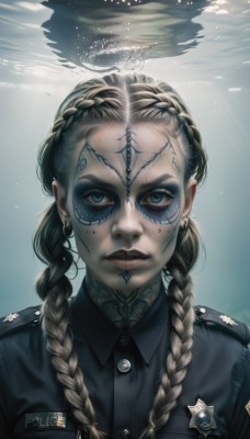 1girl,solo,long hair,looking at viewer,blue eyes,blonde hair,shirt,twintails,jewelry,closed mouth,upper body,braid,earrings,artist name,water,uniform,twin braids,lips,military,eyelashes,military uniform,tattoo,makeup,buttons,facial mark,piercing,lipstick,ear piercing,portrait,hair over shoulder,eyeshadow,pocket,underwater,nose,stud earrings,breast pocket,mascara,nose piercing,lip piercing,eyebrow piercing,bangs,collared shirt,mole,sunlight,thick eyebrows,freckles,epaulettes,light rays,realistic,facepaint,facial tattoo,black lips