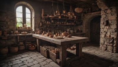 food,day,indoors,cup,no humans,window,fruit,chair,table,sunlight,bottle,plant,scenery,plate,stairs,fantasy,apple,basket,potted plant,candle,wall,bread,brick wall,shelf,arch,barrel,stone wall,crate,tree,box,jar,wood