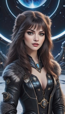 1girl,solo,long hair,breasts,looking at viewer,bangs,brown hair,long sleeves,animal ears,cleavage,brown eyes,jewelry,medium breasts,jacket,upper body,parted lips,artist name,lips,coat,fur trim,makeup,realistic,nose,red lips,space,leather,planet,earth (planet),black hair,black jacket,eyelashes,bodysuit,lipstick,science fiction,fur collar