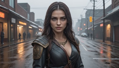 1girl,long hair,breasts,looking at viewer,large breasts,brown hair,black hair,cleavage,brown eyes,jewelry,medium breasts,closed mouth,upper body,multicolored hair,outdoors,solo focus,necklace,armor,lips,makeup,ground vehicle,shoulder armor,building,between breasts,motor vehicle,pauldrons,city,realistic,nose,car,road,shoulder pads,street,strap between breasts,collarbone,day,blurry,depth of field,blurry background,rain,sign,grey sky,people