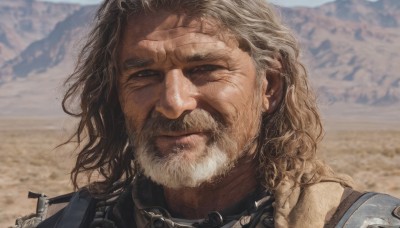 solo,long hair,looking at viewer,brown hair,1boy,closed mouth,male focus,outdoors,day,medium hair,armor,blurry,blurry background,facial hair,scar,portrait,beard,scar on face,mountain,realistic,mustache,manly,old,desert,smile,blonde hair,brown eyes,upper body,weapon,sky,collar,lips,gun,rifle,close-up