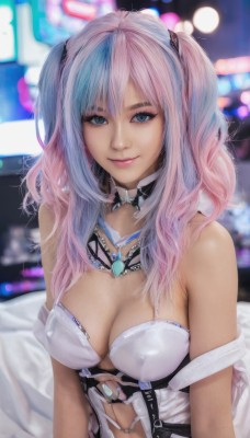 1girl,solo,long hair,breasts,looking at viewer,smile,bangs,blue eyes,large breasts,navel,cleavage,bare shoulders,twintails,jewelry,medium breasts,closed mouth,underwear,blue hair,upper body,pink hair,multicolored hair,necklace,nail polish,blurry,collar,covered nipples,two-tone hair,two side up,lips,makeup,blurry background,ring,strap slip,realistic,choker