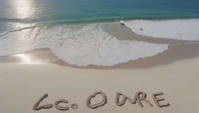 outdoors,sky,cloud,water,english text,no humans,bird,ocean,beach,scenery,sand,horizon,waves,shore,footprints,shadow,desert