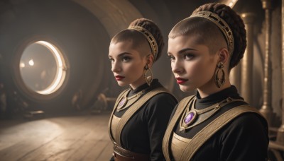 looking at viewer,short hair,multiple girls,brown hair,dress,2girls,brown eyes,jewelry,closed mouth,upper body,braid,earrings,indoors,dark skin,necklace,hair bun,blurry,black dress,dark-skinned female,lips,grey eyes,makeup,blurry background,siblings,single hair bun,lipstick,sisters,twins,red lips,updo,realistic,mother and daughter,very dark skin