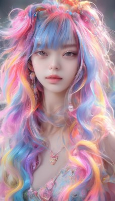 1girl,solo,long hair,breasts,looking at viewer,bangs,hair ornament,cleavage,brown eyes,jewelry,closed mouth,blue hair,collarbone,upper body,pink hair,flower,multicolored hair,earrings,artist name,blunt bangs,necklace,black eyes,two-tone hair,lips,grey eyes,eyelashes,makeup,wavy hair,gem,realistic,nose,blonde hair,parted lips,streaked hair,watermark,pink lips,pearl (gemstone)