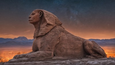 solo,closed eyes,outdoors,sky,from side,no humans,night,animal,fire,star (sky),night sky,scenery,starry sky,rock,mountain,realistic,lying,on stomach,giant,statue,campfire