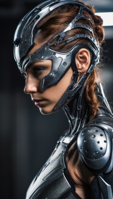 1girl,solo,long hair,breasts,blue eyes,brown hair,upper body,braid,armor,from side,lips,single braid,profile,helmet,science fiction,breastplate,realistic,nose,bodysuit,portrait