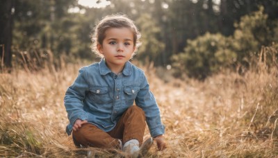 solo,looking at viewer,short hair,blue eyes,brown hair,shirt,long sleeves,1boy,brown eyes,sitting,jacket,male focus,boots,outdoors,pants,blurry,lips,depth of field,blurry background,white footwear,grass,blue shirt,child,nature,pocket,realistic,breast pocket,male child,brown pants,black hair,parted lips,day,aged down,looking up,denim,jeans,field,bokeh,denim jacket