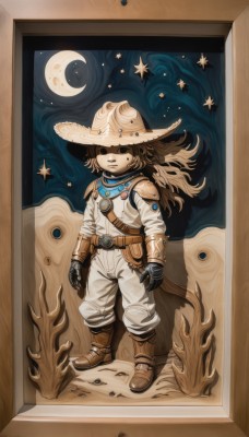 1girl,solo,long hair,looking at viewer,blonde hair,brown hair,gloves,hat,standing,full body,boots,belt,star (symbol),armor,black eyes,brown footwear,moon,shoulder armor,star (sky),door,crescent moon,1boy,male focus,sky,mole,night