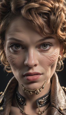 1girl,solo,looking at viewer,short hair,blonde hair,simple background,brown hair,brown eyes,jewelry,jacket,earrings,parted lips,choker,necklace,collar,lips,eyelashes,scar,black background,portrait,scar on face,close-up,curly hair,realistic,nose,dirty