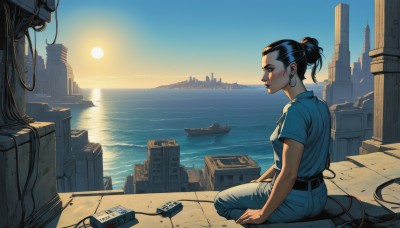 1girl,solo,breasts,short hair,shirt,black hair,jewelry,medium breasts,sitting,short sleeves,earrings,outdoors,sky,day,belt,pants,water,hair bun,from behind,from side,lips,makeup,ocean,single hair bun,blue shirt,denim,t-shirt,building,scenery,backlighting,science fiction,sunset,jeans,hoop earrings,city,sun,horizon,cityscape,cable,watercraft,ruins,boat,sunrise,wire,realistic,nose,post-apocalypse