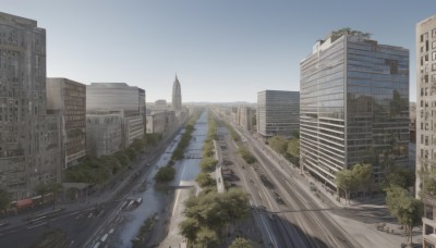 outdoors,sky,day,water,tree,blue sky,no humans,window,ground vehicle,building,scenery,motor vehicle,city,car,road,cityscape,bridge,lamppost,street,skyscraper,crosswalk,real world location,watercraft,ruins,river,truck