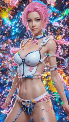 1girl,solo,breasts,looking at viewer,smile,short hair,blue eyes,navel,cleavage,jewelry,medium breasts,closed mouth,standing,pink hair,cowboy shot,choker,midriff,belt,blurry,bracelet,lips,crop top,petals,makeup,blurry background,garter straps,zipper,realistic,nose,underwear,collarbone,swimsuit,braid,bikini,depth of field,contrapposto