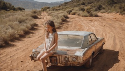 1girl,solo,long hair,brown hair,dress,sitting,closed eyes,outdoors,sleeveless,white dress,bare legs,sleeveless dress,shadow,ground vehicle,scenery,motor vehicle,realistic,car,road,vehicle focus,desert,truck,sports car,on vehicle