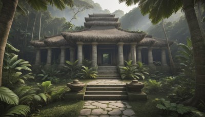 outdoors,sky,day,tree,no humans,leaf,sunlight,grass,plant,building,nature,scenery,forest,stairs,palm tree,bush,architecture,stone stairs,cloud,east asian architecture,shrine,stone lantern