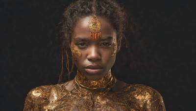 1girl,solo,looking at viewer,short hair,simple background,brown hair,black hair,hair ornament,jewelry,closed mouth,upper body,dark skin,black eyes,dark-skinned female,lips,grey eyes,portrait,realistic,neck ring,gold,very dark skin,dreadlocks,smile,earrings,makeup,black background,curly hair