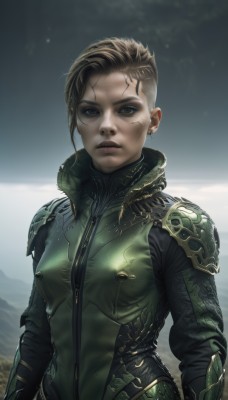 1girl,solo,breasts,looking at viewer,short hair,blonde hair,brown hair,jewelry,upper body,earrings,outdoors,parted lips,armor,lips,grey eyes,bodysuit,scar,shoulder armor,asymmetrical hair,realistic,brown eyes,piercing,scar on face,serious,very short hair,undercut,shoulder pads,mohawk