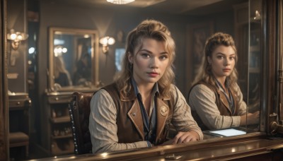 1girl,solo,long hair,looking at viewer,blue eyes,multiple girls,blonde hair,brown hair,shirt,long sleeves,brown eyes,jewelry,sitting,white shirt,upper body,earrings,necktie,collared shirt,indoors,blurry,vest,lips,wavy hair,chair,phone,reflection,mirror,realistic,nose,lamp,brown vest,2girls,striped,nail polish,makeup,blurry background,lipstick,badge,lights,portrait (object)