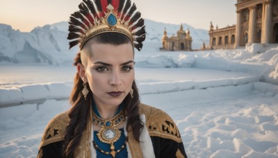 1girl,solo,long hair,looking at viewer,brown hair,black hair,hair ornament,brown eyes,jewelry,closed mouth,upper body,braid,earrings,outdoors,day,necklace,lips,makeup,crown,lipstick,gem,portrait,scenery,snow,forehead,mountain,headdress,winter,smile,sky,feathers,realistic