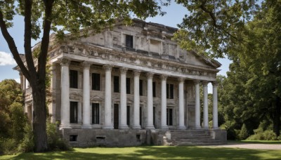 outdoors,sky,day,cloud,tree,blue sky,no humans,window,sunlight,grass,building,nature,scenery,forest,stairs,ruins,pillar,statue,cloudy sky,bush,architecture