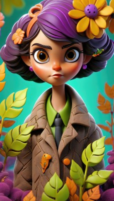 1girl,solo,looking at viewer,blush,short hair,shirt,black hair,hair ornament,brown eyes,jewelry,jacket,upper body,purple hair,flower,hairband,earrings,necktie,pointy ears,collared shirt,hair flower,dark skin,dark-skinned female,coat,leaf,plant,black necktie,ladybug,closed mouth,artist name,lips,eyelashes,watermark,thick eyebrows,web address,brown jacket,nose,green shirt