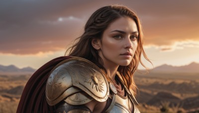 1girl,solo,long hair,looking at viewer,brown hair,brown eyes,closed mouth,upper body,braid,outdoors,sky,cloud,cape,armor,blurry,lips,depth of field,blurry background,shoulder armor,portrait,freckles,pauldrons,sunset,mountain,realistic,nose,parted lips,sunlight,red cape