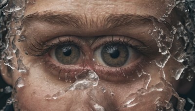 1girl,solo,looking at viewer,brown hair,1boy,brown eyes,male focus,water,blurry,eyelashes,scar,portrait,close-up,reflection,ice,realistic,eye focus,water drop