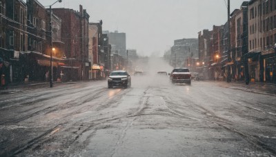 outdoors,sky,cloud,no humans,ground vehicle,building,scenery,motor vehicle,snow,city,car,road,cityscape,lamppost,street,grey sky,traffic light,real world location,window,rain,sign,pavement