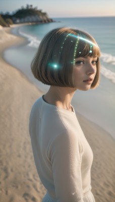 1girl,solo,looking at viewer,short hair,bangs,brown hair,shirt,long sleeves,brown eyes,closed mouth,white shirt,upper body,outdoors,parted lips,sky,day,looking back,artist name,water,blurry,black eyes,lips,depth of field,blurry background,glowing,ocean,beach,bob cut,rock,realistic,nose,sand,shore,breasts,blue eyes,black hair,dress,standing,small breasts,blunt bangs,from side,looking to the side,eyelashes,makeup,watermark,sunlight