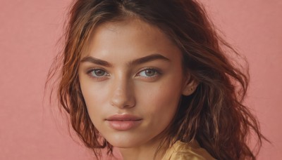 1girl,solo,long hair,looking at viewer,blue eyes,simple background,brown hair,brown eyes,closed mouth,lips,pink background,messy hair,portrait,close-up,forehead,freckles,realistic,nose,smile,eyelashes