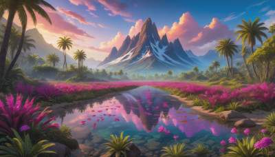 flower, outdoors, sky, cloud, water, tree, no humans, cloudy sky, nature, scenery, reflection, fish, sunset, mountain, palm tree, landscape, lake