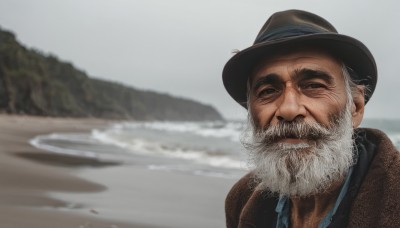 solo,looking at viewer,smile,1boy,hat,closed mouth,upper body,white hair,male focus,outdoors,one eye closed,day,water,blurry,blurry background,facial hair,beach,thick eyebrows,portrait,beard,mountain,mature male,realistic,mustache,sand,brown headwear,manly,old,old man,cowboy hat,photo background,shirt,jacket,grey hair,sky,collared shirt,black eyes,coat,depth of field,parody,blue shirt,snow,smoke,brown jacket,smoking,cigar,grey sky,cowboy western,wrinkled skin