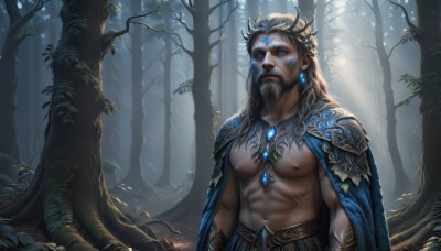 solo,long hair,blue eyes,black hair,1boy,navel,jewelry,nipples,upper body,grey hair,male focus,earrings,outdoors,pointy ears,necklace,stomach,cape,armor,tree,muscular,glowing,facial hair,facial mark,piercing,abs,sunlight,thick eyebrows,pectorals,muscular male,shoulder armor,gem,nature,bara,glowing eyes,beard,forest,large pectorals,topless male,mature male,arms at sides,bare pectorals,blue cape,biceps,looking at viewer,brown hair,crown,realistic,goatee