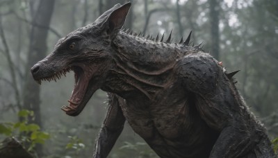 solo,open mouth,tail,yellow eyes,outdoors,teeth,day,blurry,tree,no humans,blurry background,fangs,plant,sharp teeth,nature,claws,spikes,forest,monster,realistic,scales,dinosaur,kaijuu,from side,animal