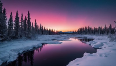 outdoors,sky,cloud,water,tree,no humans,night,star (sky),nature,night sky,scenery,snow,forest,starry sky,reflection,sunset,mountain,winter,bare tree,river,landscape,lake,gradient sky,purple sky,pine tree,snowing,twilight,evening,sunrise