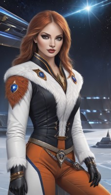 1girl,solo,long hair,breasts,looking at viewer,brown hair,shirt,gloves,long sleeves,brown eyes,jewelry,weapon,earrings,outdoors,parted lips,sky,black gloves,belt,pants,vest,bracelet,lips,fur trim,makeup,night,lipstick,star (sky),night sky,eyeshadow,starry sky,freckles,red lips,standing,red hair,cowboy shot,orange hair,ring,realistic,space,spacecraft