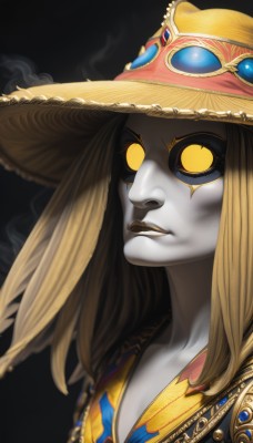 1girl,solo,long hair,breasts,looking at viewer,smile,blonde hair,simple background,hat,yellow eyes,upper body,parted lips,lips,makeup,glowing,colored skin,lipstick,slit pupils,black background,gem,pale skin,portrait,glowing eyes,smoke,colored sclera,sun hat,white skin,straw hat,black sclera,grey skin,black lips,artist name,facepaint,no pupils